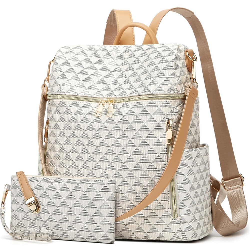 Elegant Geometric Cream and Tan Backpack Set